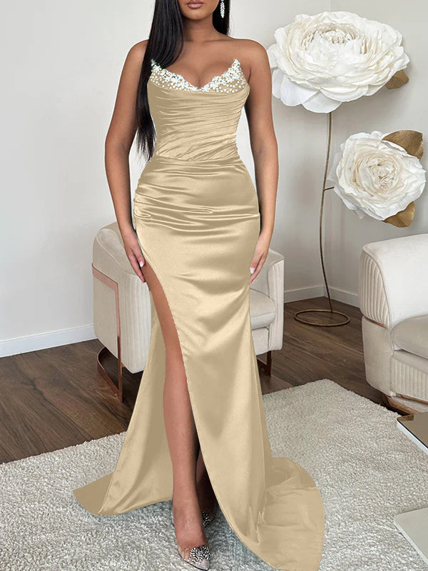 Sheath/Column V-neck Sleeveless Sweep Train High Split Evening Dresses