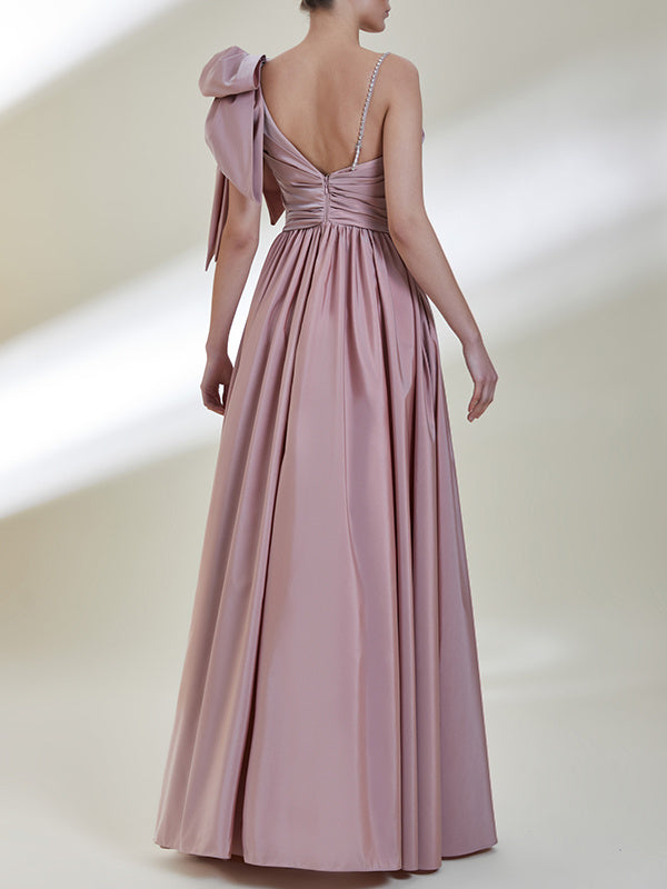 A-Line/Princess One-Shoulder Sleeveless Floor-Length Split Front/Bow(s) Satin Evening Dresses