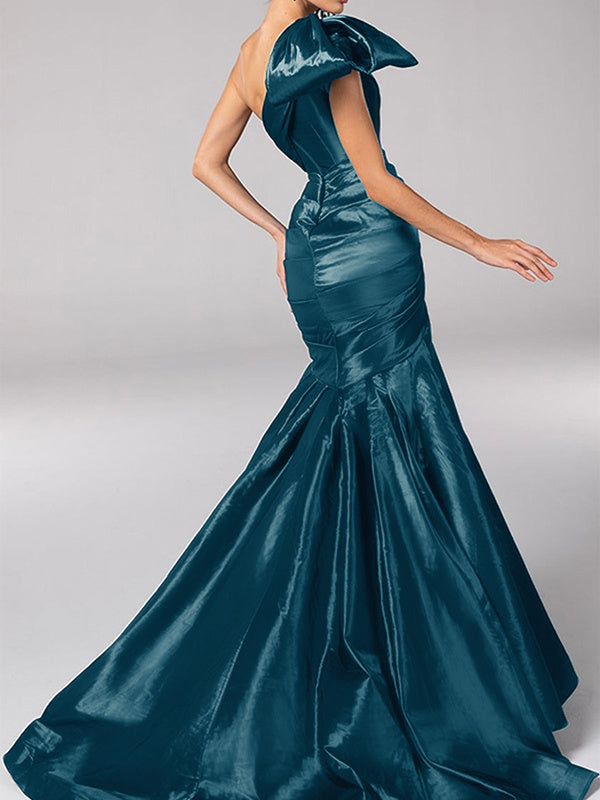 Mermaid/Trumpet One-Shoulder Sleeveless Sweep Train Satin Bow(s) Evening Dresses