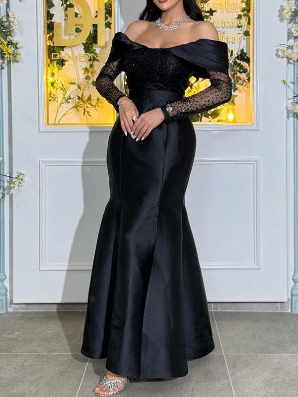 Mermaid/Trumpet Off-The-Shoulder Long Sleeves Floor-Length High Split Sequins Satin Evening Dresses