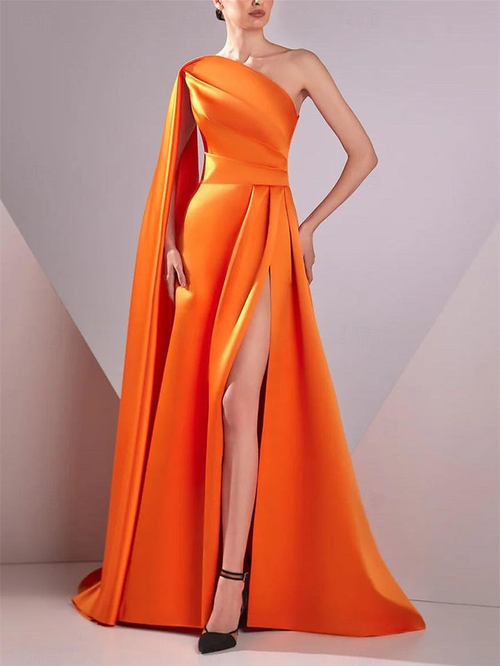 A-Line/Princess Satin One Shoulder Sleeveless Floor-Length Ruched Evening Dresses