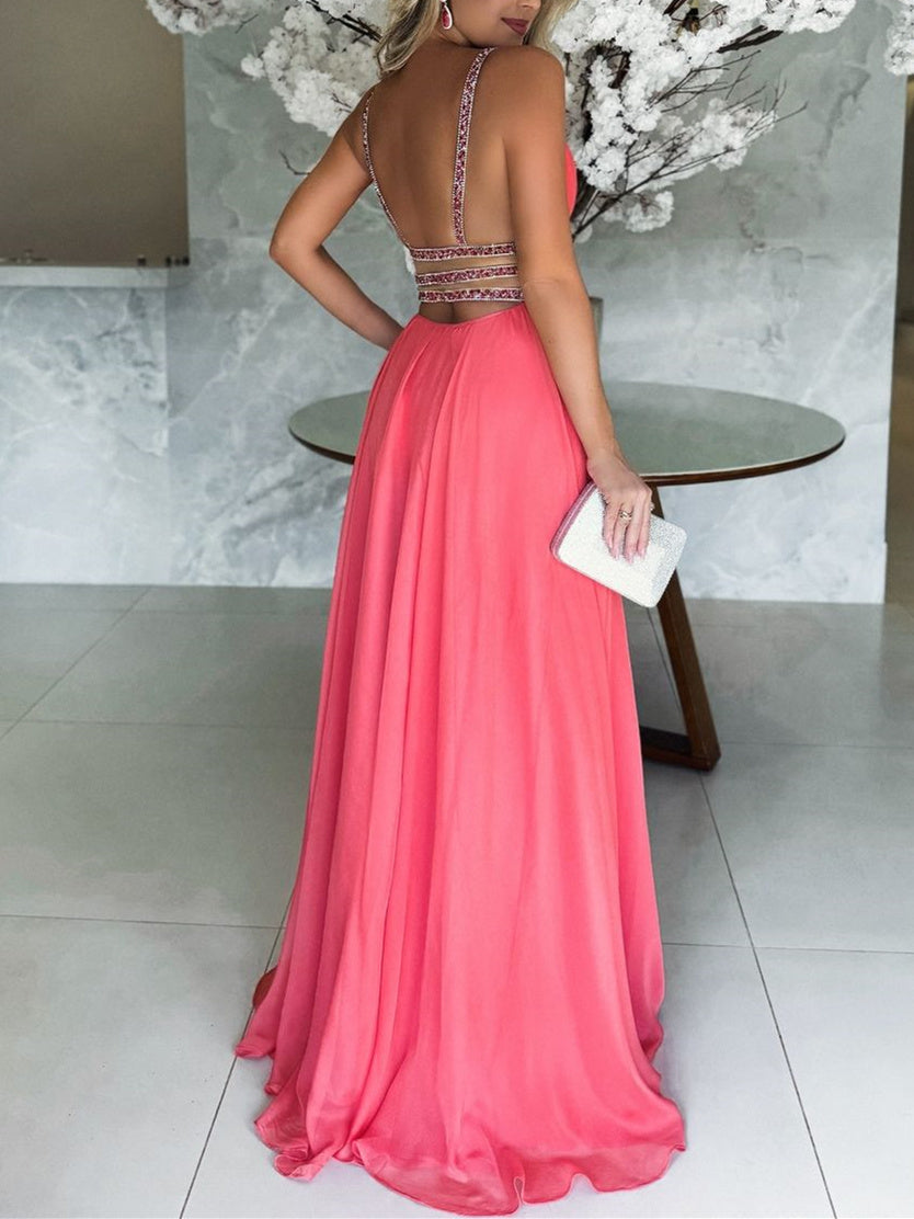 A-Line/Princess V-Neck Sleeveless Floor-Length Split Side Evening Dresses