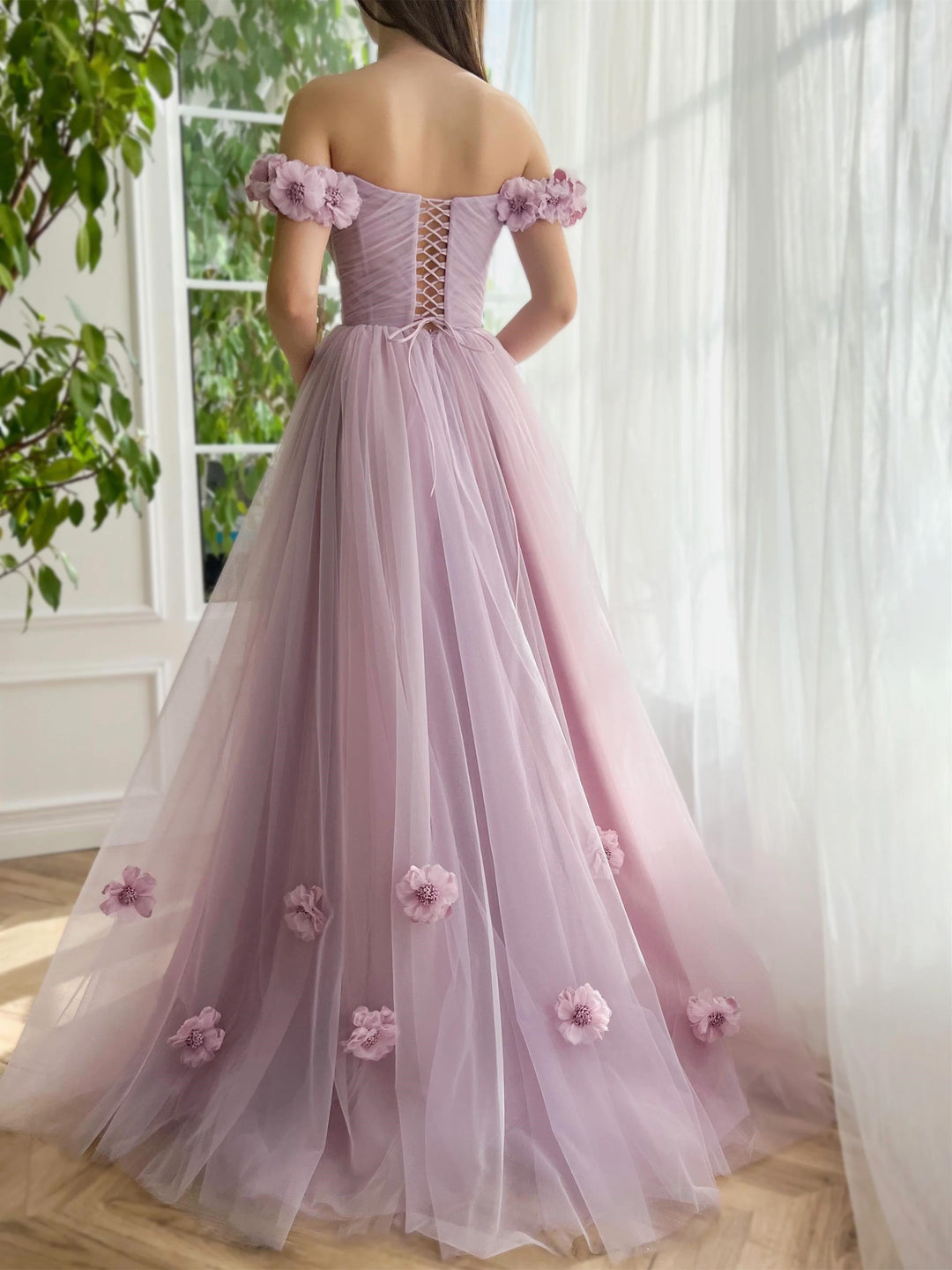 A-Line/Princess Off-the-Shoulder Sleeveless Floor-Length Flower Evening Dresses