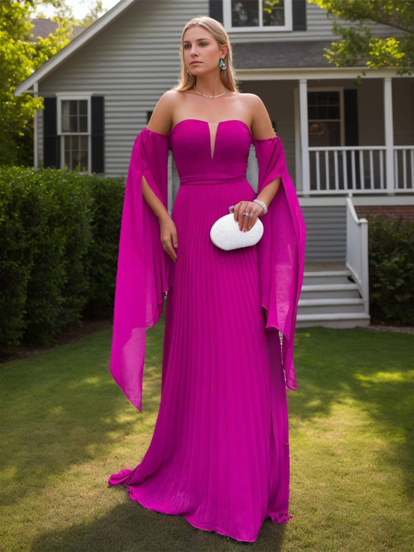 A-Line/Princess Strapless 1/2 Sleeves Floor-Length Pure Color Evening Dresses