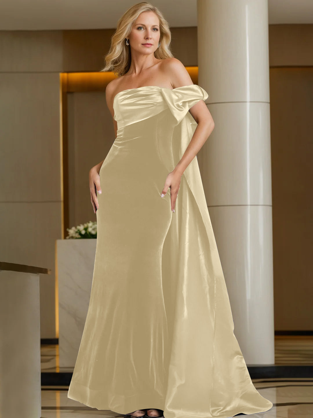 Sheath/Column Off-the-Shoulder Sleeveless Floor-Length Evening Dresses with Watteau Train