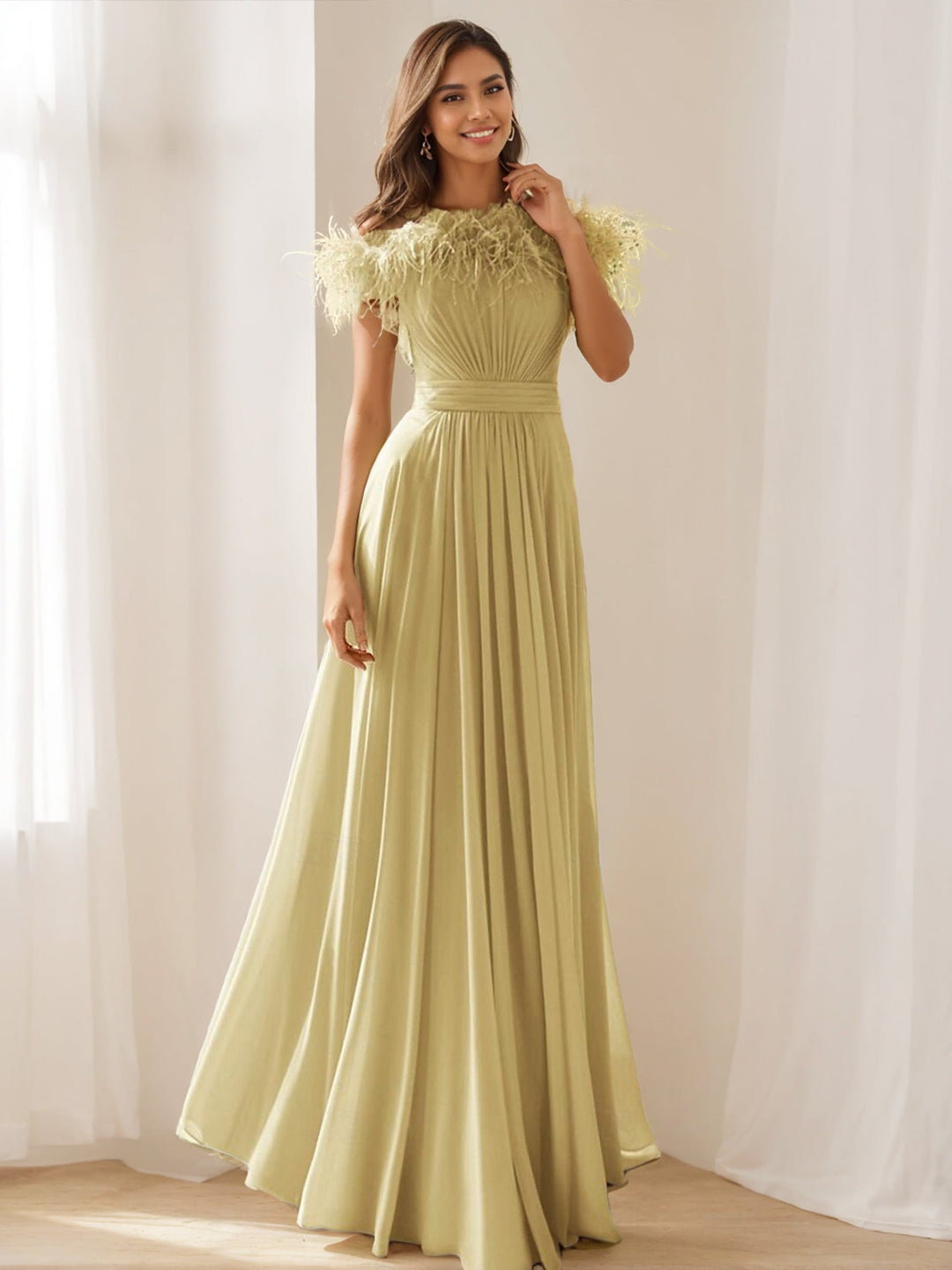 A-Line/Princess Off-the-shoulder Sleeveless Floor-Length Stretch Chiffon Evening Dress with Feather & Pleats