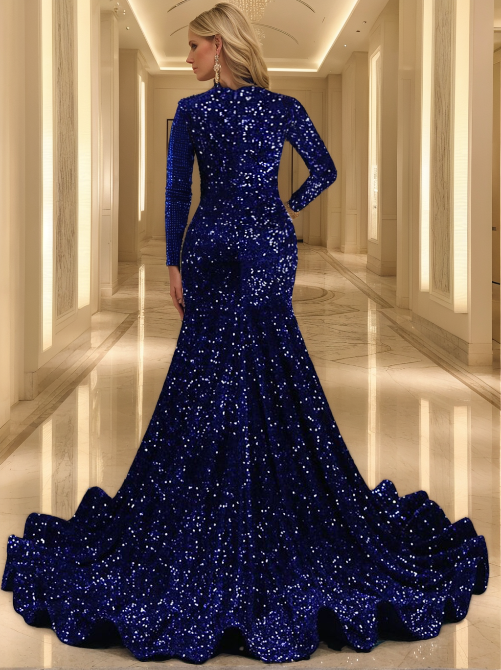 Trumpet/Mermaid Jewel Neck One-Shoulder Long Sleeves Evening Dresses With Sequin & Beading