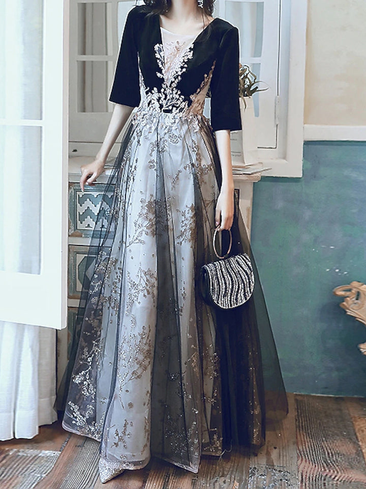 A-Line/Princess Illusion Neck Half Sleeves Floor-Length Prom Dresses with Sequin & Appliques