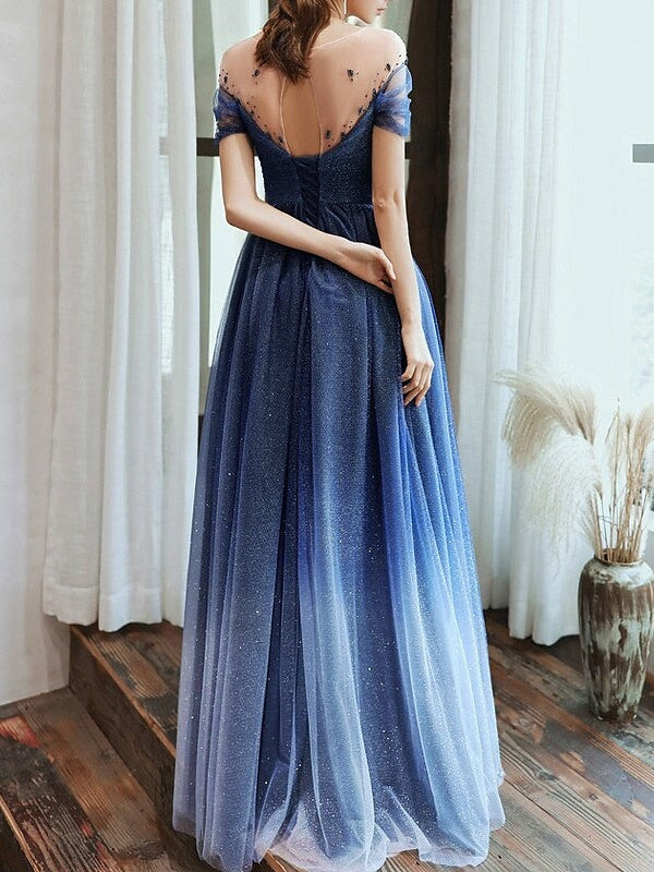 Sheath/Column Jewel Neck Short Sleeves Floor-Length Evening Dress with Pleats & Sequin