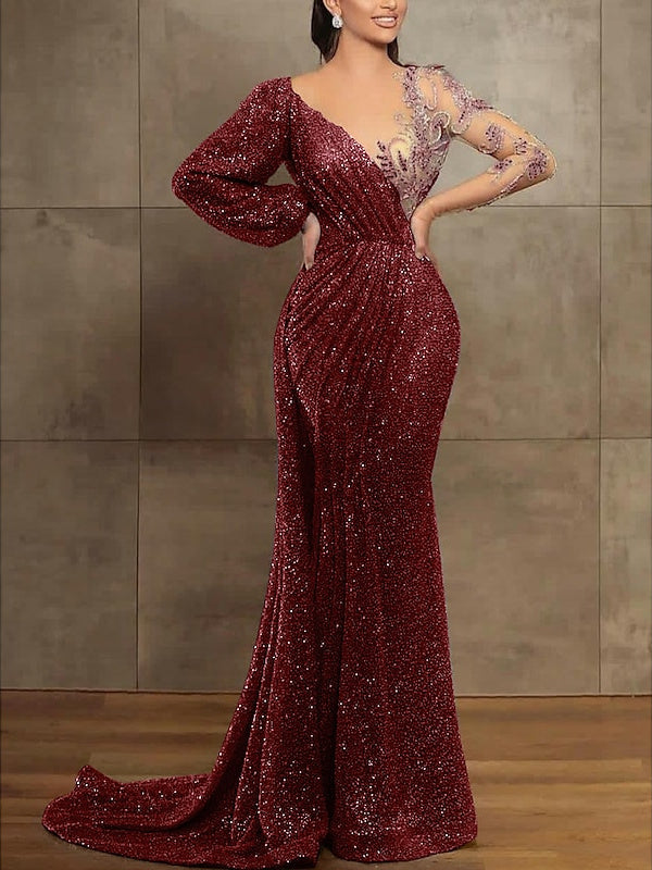 Trumpet/Mermaid Illusion Neck Long Sleeves Sequined Evening Dresses With Sequin & Pleats