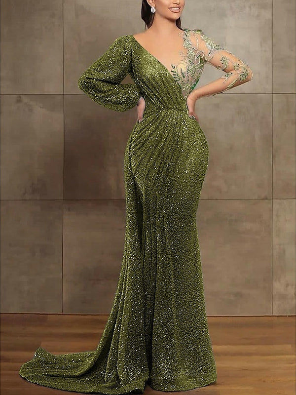 Trumpet/Mermaid Illusion Neck Long Sleeves Sequined Evening Dresses With Sequin & Pleats