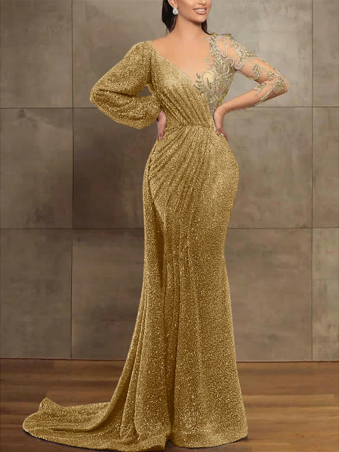 Trumpet/Mermaid Illusion Neck Long Sleeves Sequined Evening Dresses With Sequin & Pleats