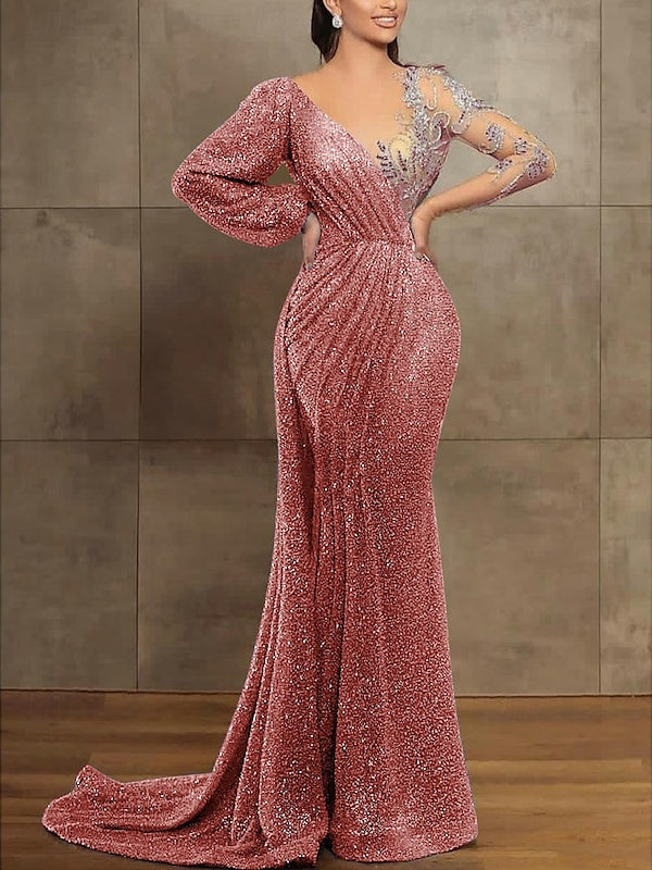 Trumpet/Mermaid Illusion Neck Long Sleeves Sequined Evening Dresses With Sequin & Pleats