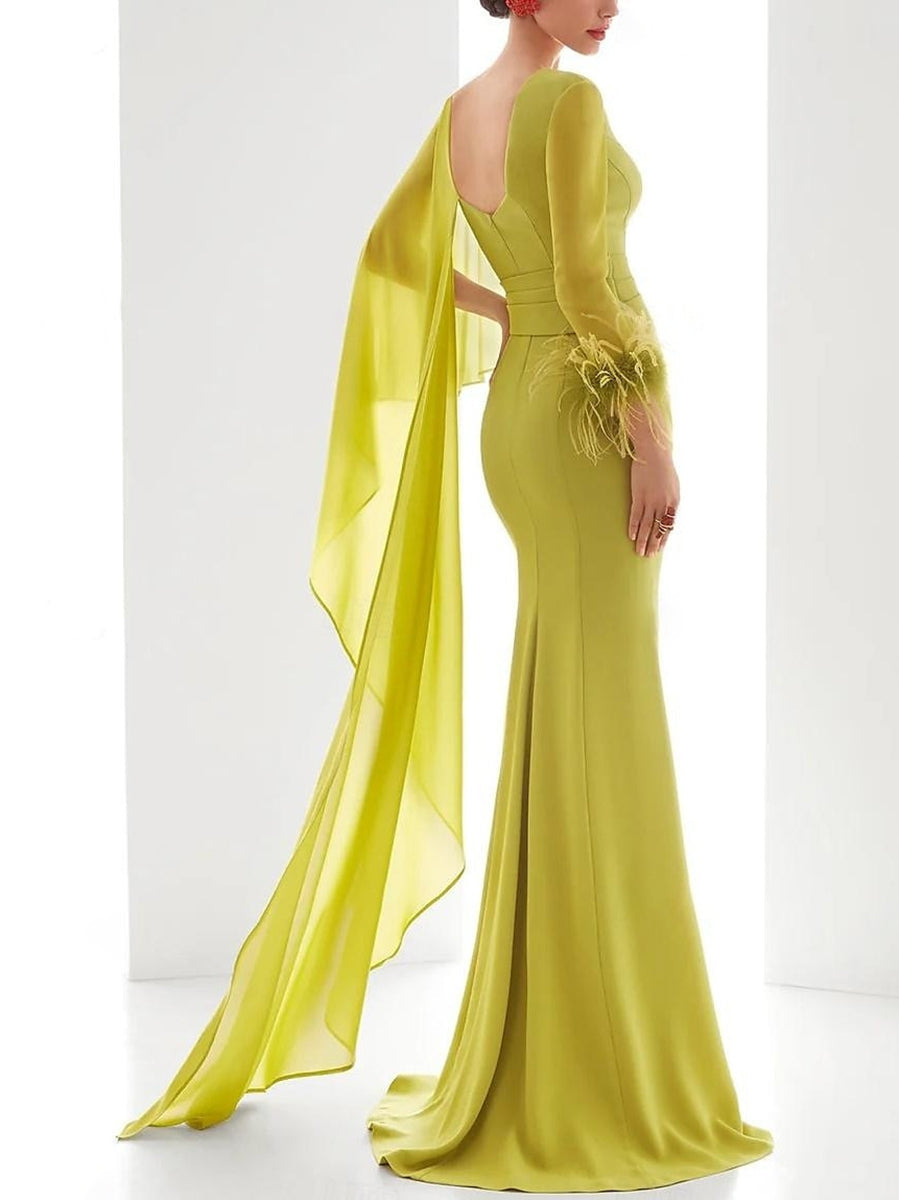 Trumpet/Mermaid V-Neck Long Sleeves Floor-Length Evening Dresses with Feather, Ruffles & Ruched