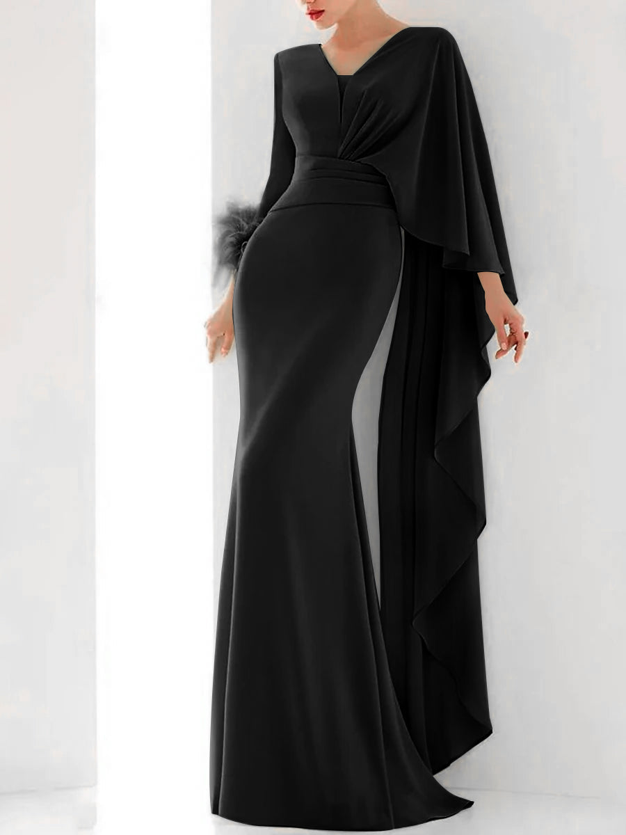 Trumpet/Mermaid V-Neck Long Sleeves Floor-Length Evening Dresses with Feather, Ruffles & Ruched