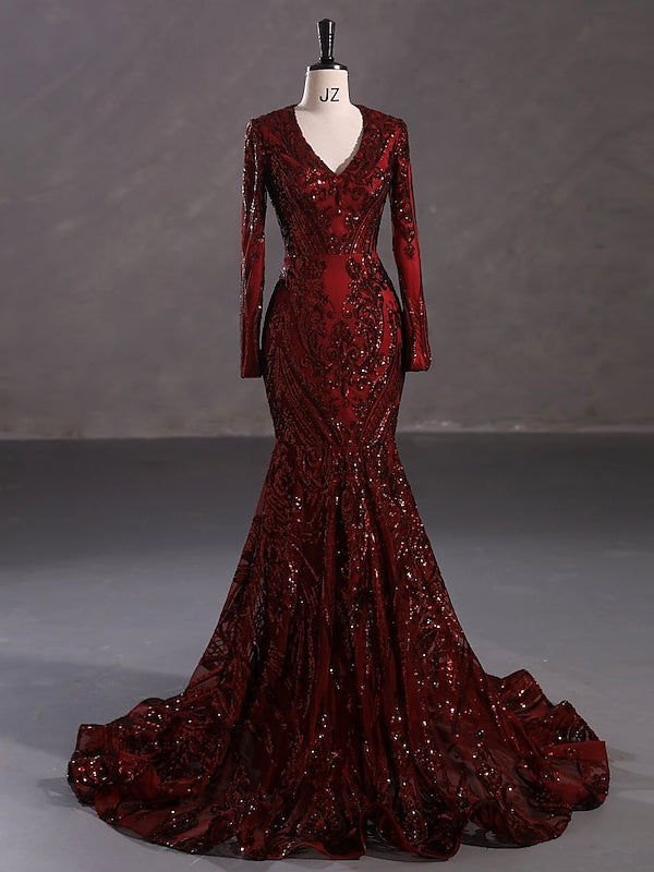 Trumpet/Mermaid V-Neck Long Sleeves Floor-Length Evening Dresses with Sequin