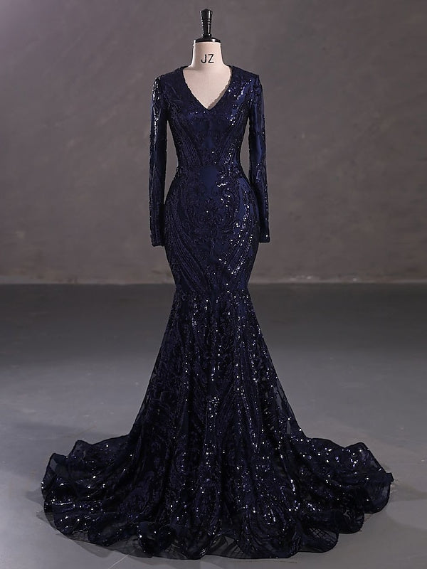 Trumpet/Mermaid V-Neck Long Sleeves Floor-Length Evening Dresses with Sequin