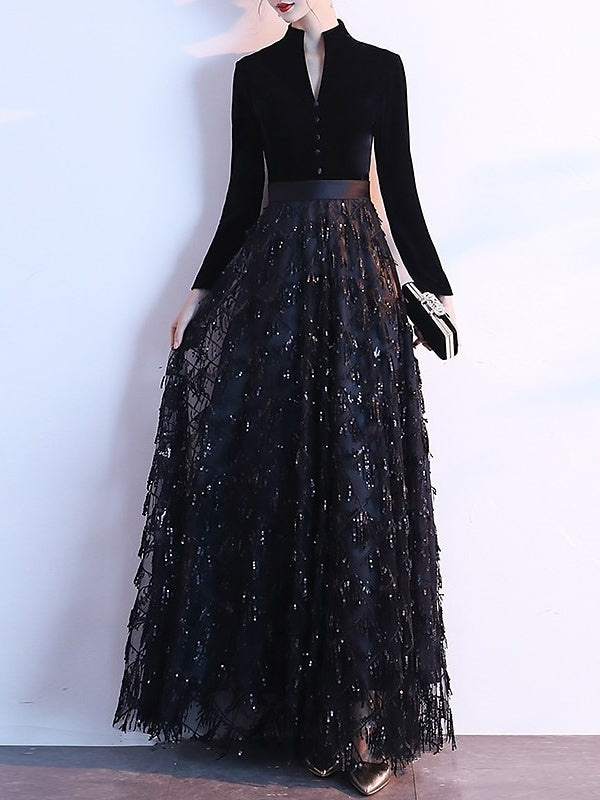 A-Line/Princess Queen Anne Long Sleeve Floor-Length Velvet Evening Dresses with Sequin & Sash