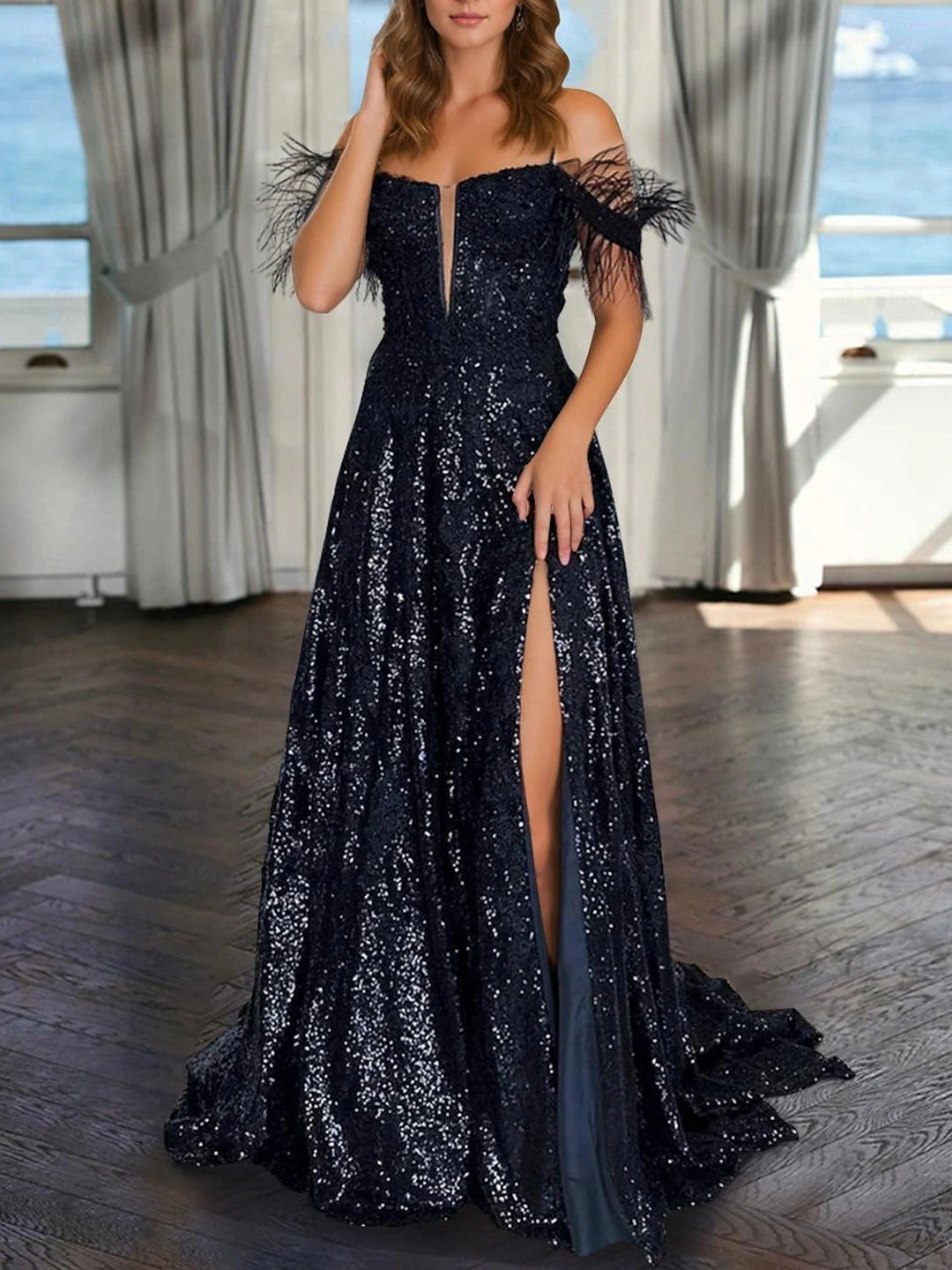 A-Line/Princess V-Neck Sleeveless Floor-length Sequined Evening Dresses with Pearls A-Line/Princess V-Neck Sleeveless Floor-length Sequined Evening Dresses with Pearls