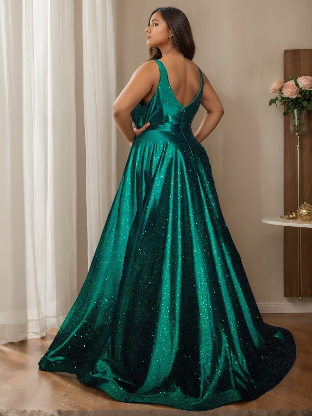 A-Line/Princess V-Neck Sleeveless Floor-Length Prom Evening Dresses with Split Side