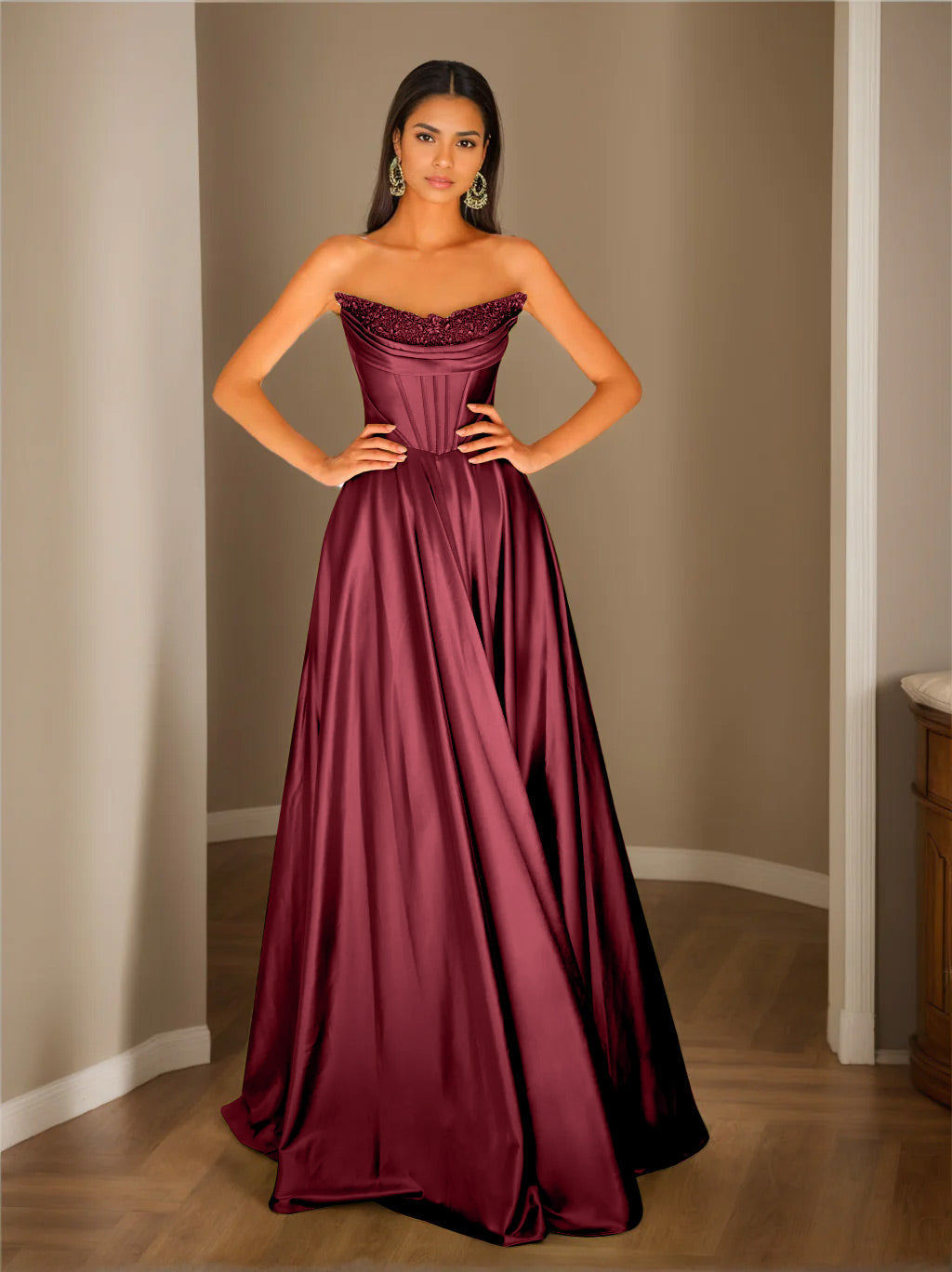 A-Line/Princess Strapless Sleeveless Floor-Length Evening Dress with Sequins