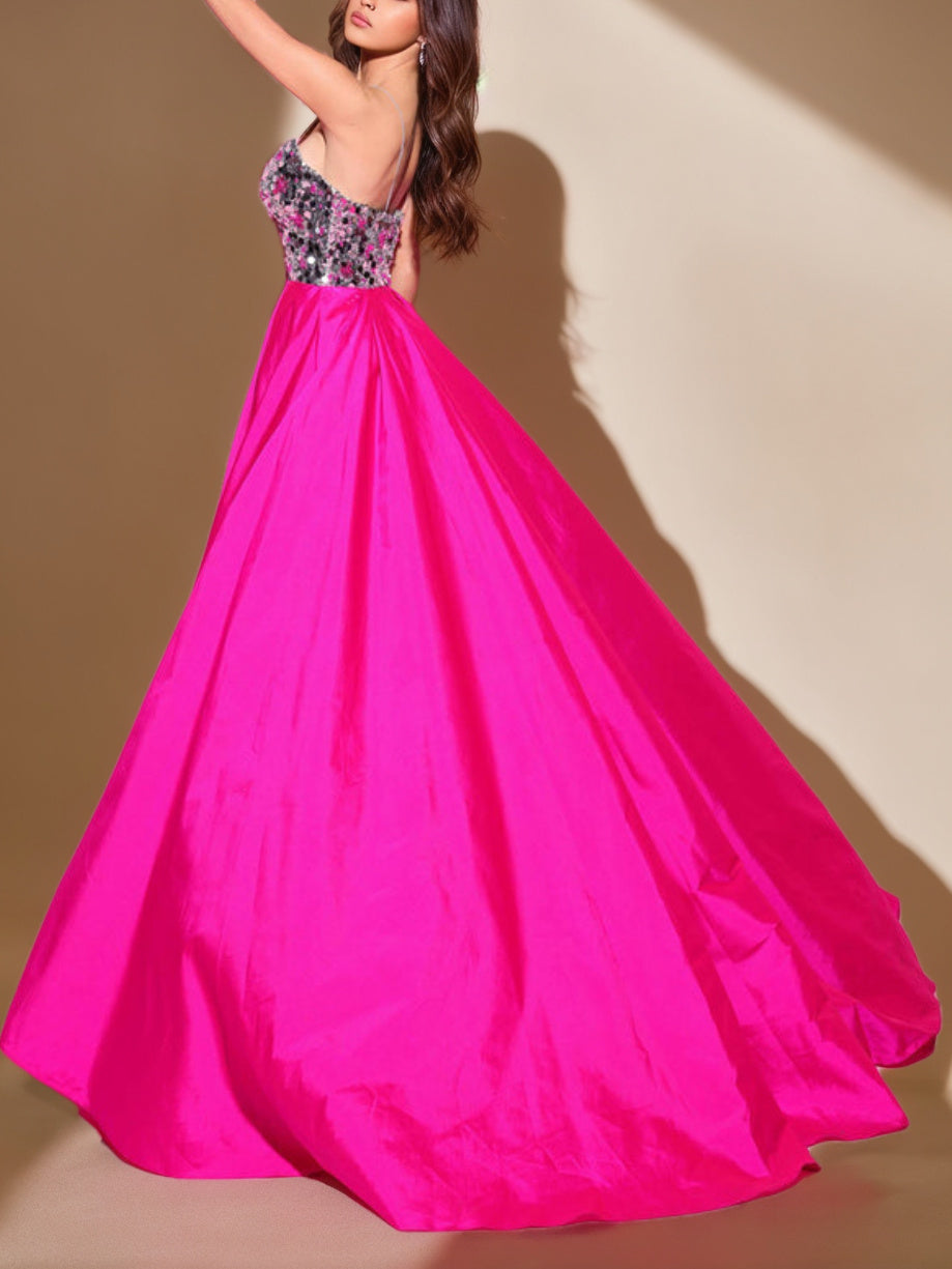 A-Line/Princess Spaghetti Straps Sleeveless Floor-Length Long Prom Evening Dress with Pleating & Split Side