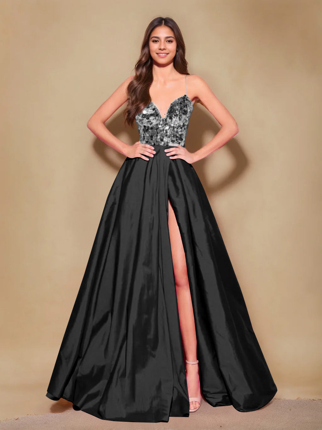 A-Line/Princess Spaghetti Straps Sleeveless Floor-Length Long Prom Evening Dress with Pleating & Split Side