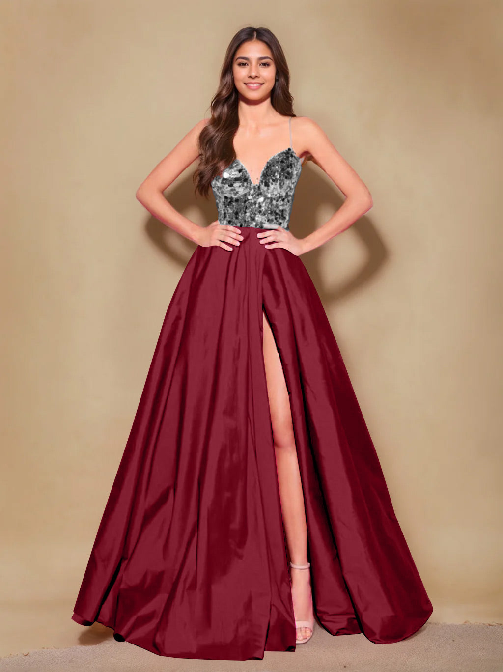 A-Line/Princess Spaghetti Straps Sleeveless Floor-Length Long Prom Evening Dress with Pleating & Split Side