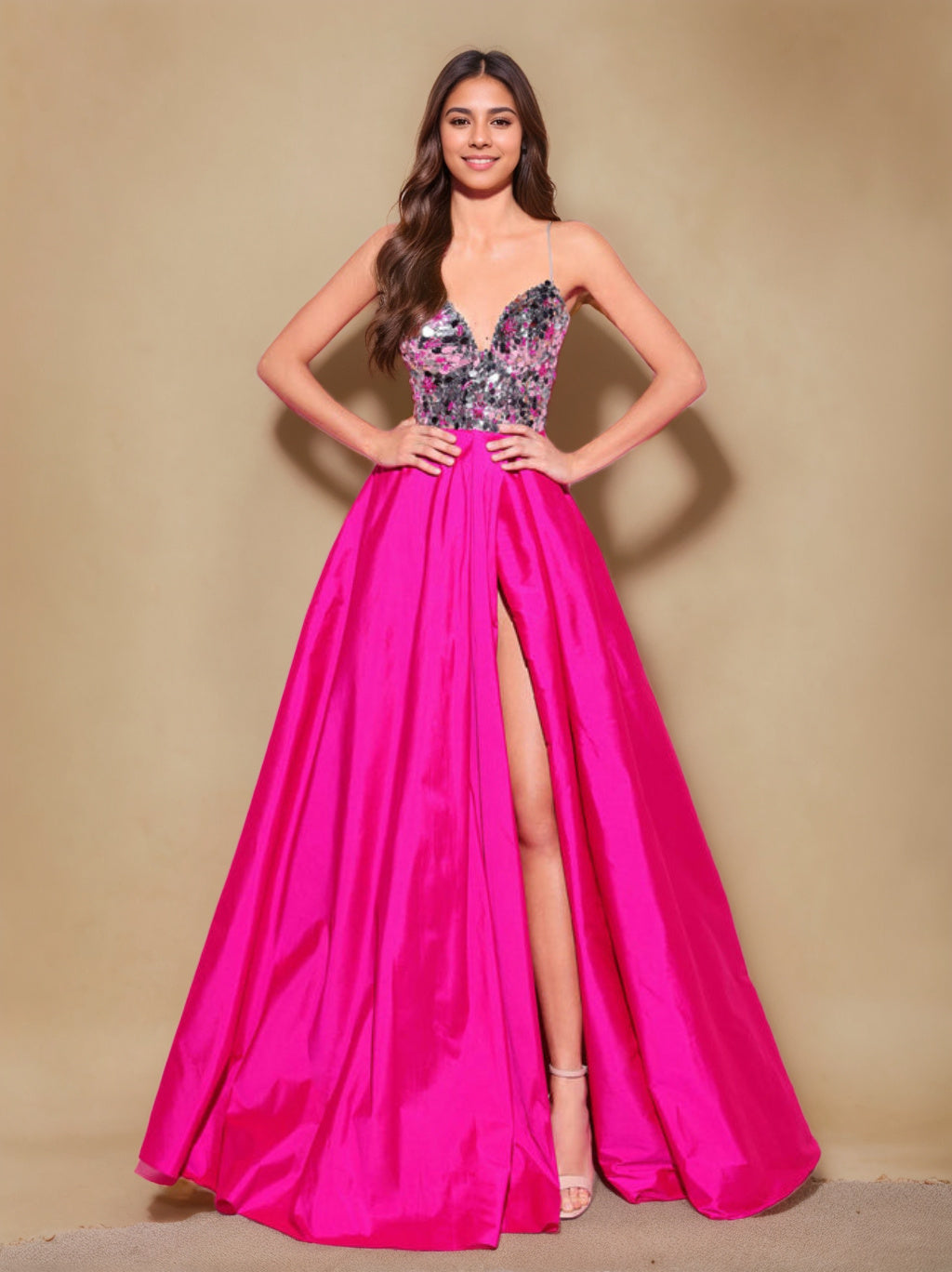 A-Line/Princess Spaghetti Straps Sleeveless Floor-Length Long Prom Evening Dress with Pleating & Split Side