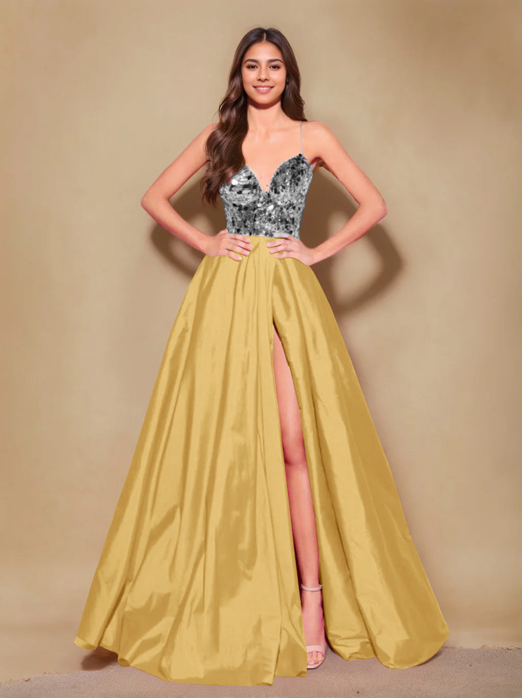 A-Line/Princess Spaghetti Straps Sleeveless Floor-Length Long Prom Evening Dress with Pleating & Split Side