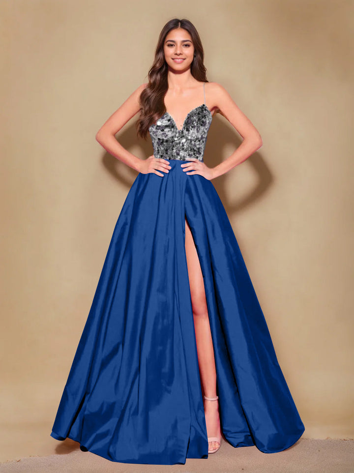 A-Line/Princess Spaghetti Straps Sleeveless Floor-Length Long Prom Evening Dress with Pleating & Split Side