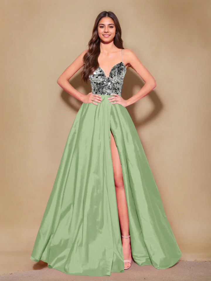 A-Line/Princess Spaghetti Straps Sleeveless Floor-Length Long Prom Evening Dress with Pleating & Split Side