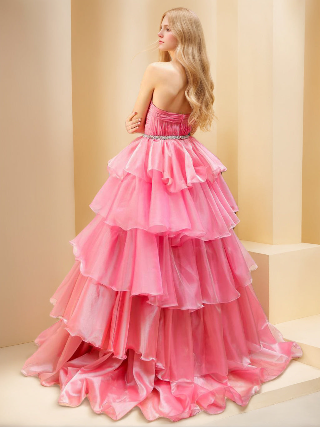 Ball Gown Sweetheart Sleeveless Floor-length Organza Long Prom Evening Dresses With Tiered & Ruched