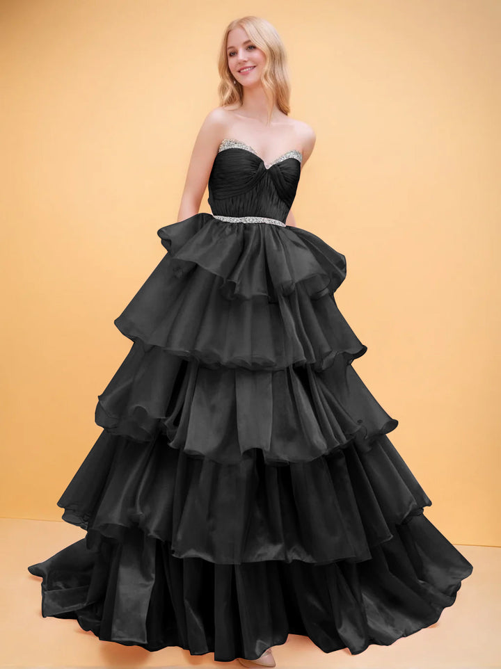 Ball Gown Sweetheart Sleeveless Floor-length Organza Long Prom Evening Dresses With Tiered & Ruched