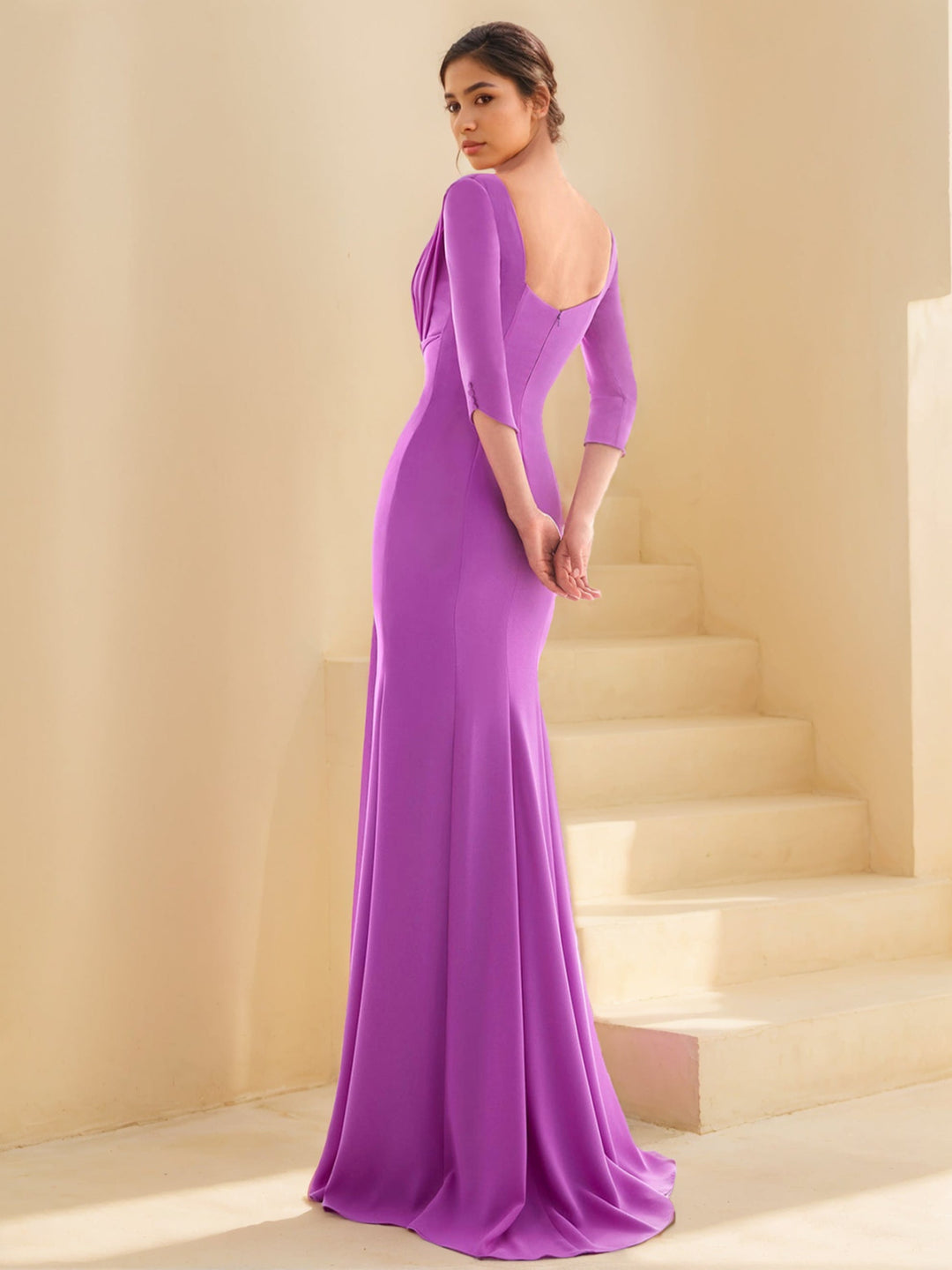 Sheath/Column Closed neck 3/4 Length Sleeves Floor-length Prom Evening Dresses With Ruffles