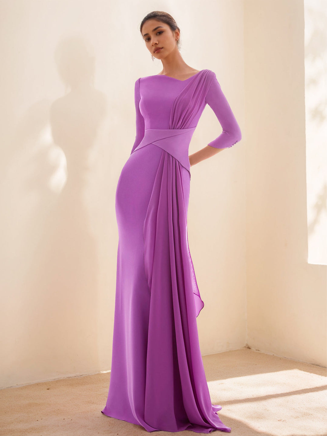 Sheath/Column Closed neck 3/4 Length Sleeves Floor-length Prom Evening Dresses With Ruffles