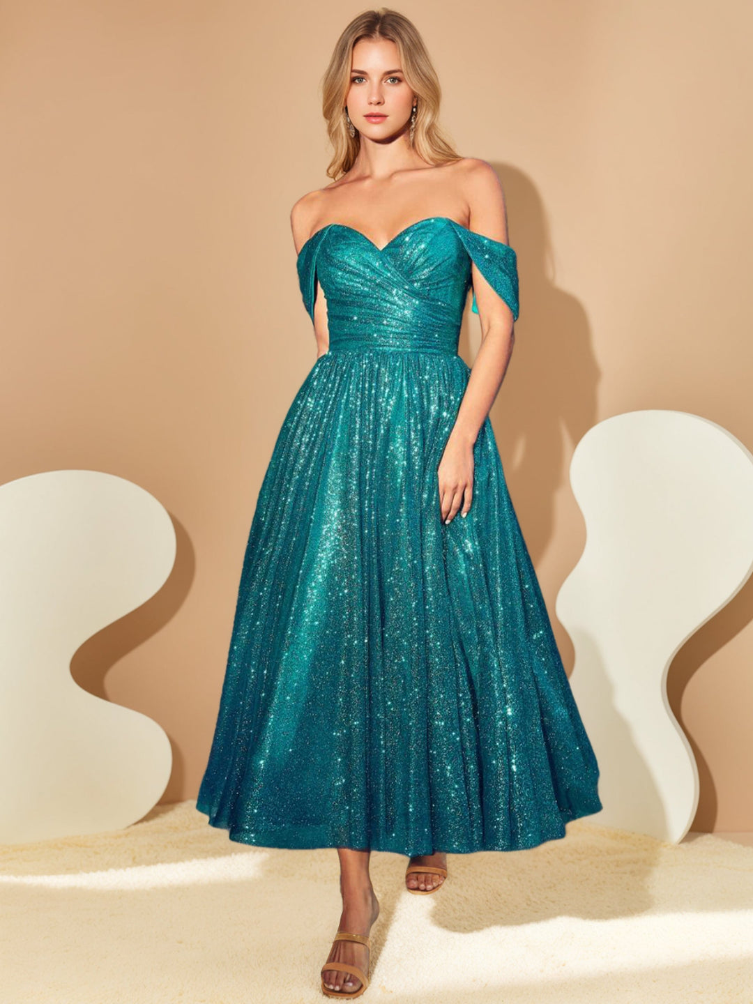 A-Line/Princess Sweetheart Off-the-Shoulder Sleeveless Tea-length Prom Cocktail Dresses with Sequins