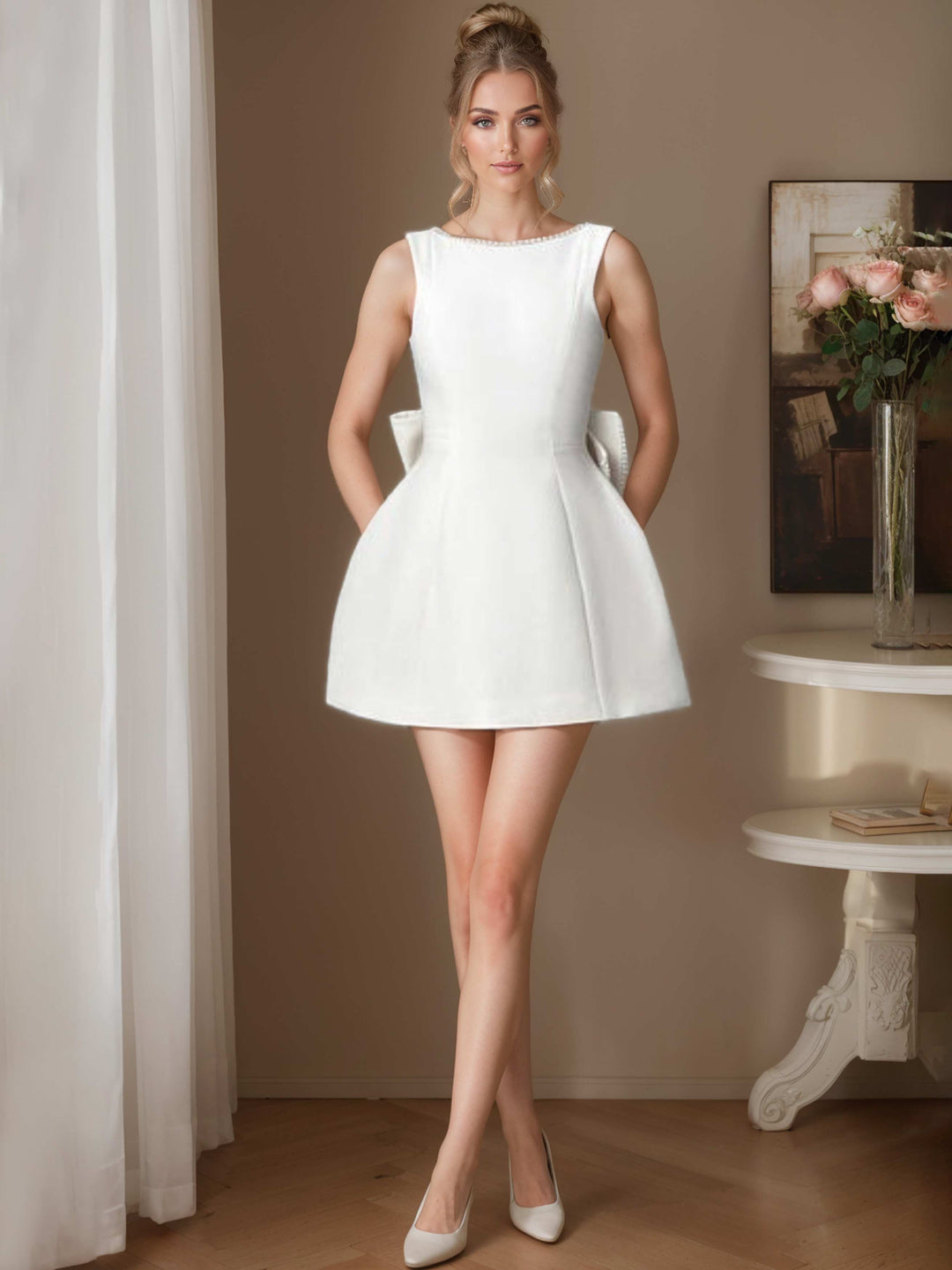 A-Line/Princess Boat Neck Sleeveless Mini/Short Cocktail Dresses with Bowknot