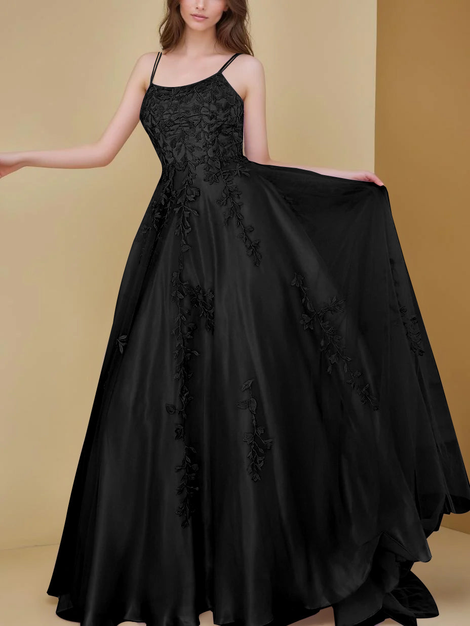 A-Line/Princess Spaghetti Straps Sleeveless Floor-Length Prom Evening Dresses with Appliques