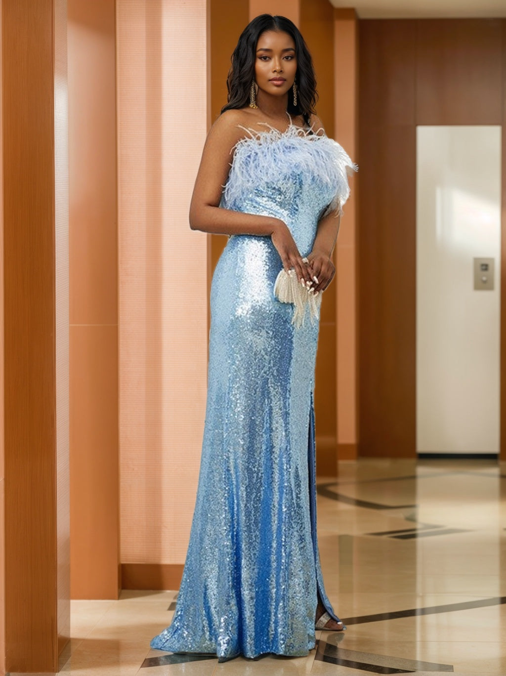 Sheath/Column Strapless Sleeveless Floor-Length Prom Evening Dresses With Sequins & Feathers