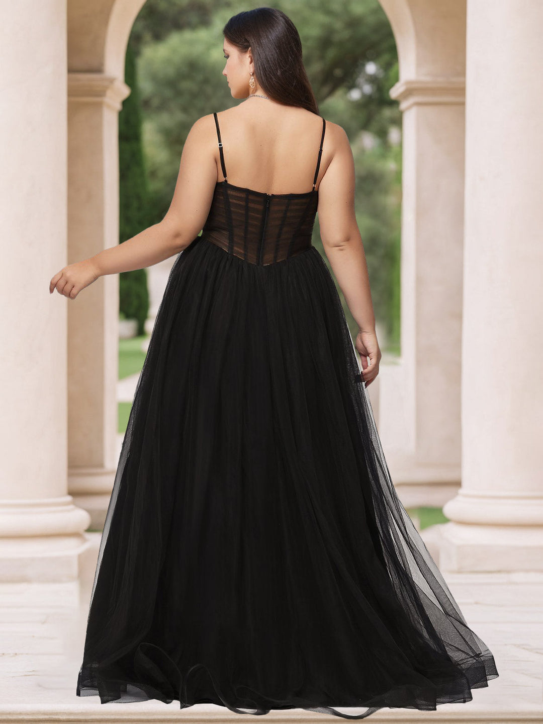 Ball Gown V-Neck Spaghetti Straps Sleeveless Floor-Length Plus Size Tulle Prom Dresses with Pleated