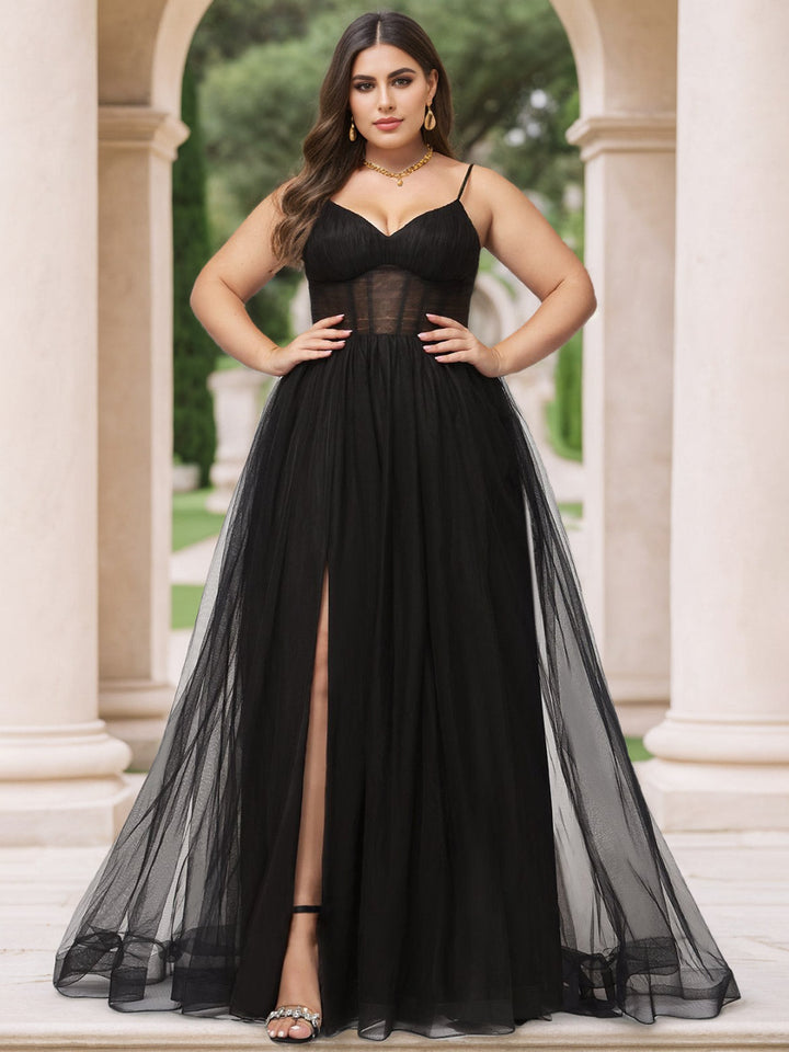 Ball Gown V-Neck Spaghetti Straps Sleeveless Floor-Length Plus Size Tulle Prom Dresses with Pleated