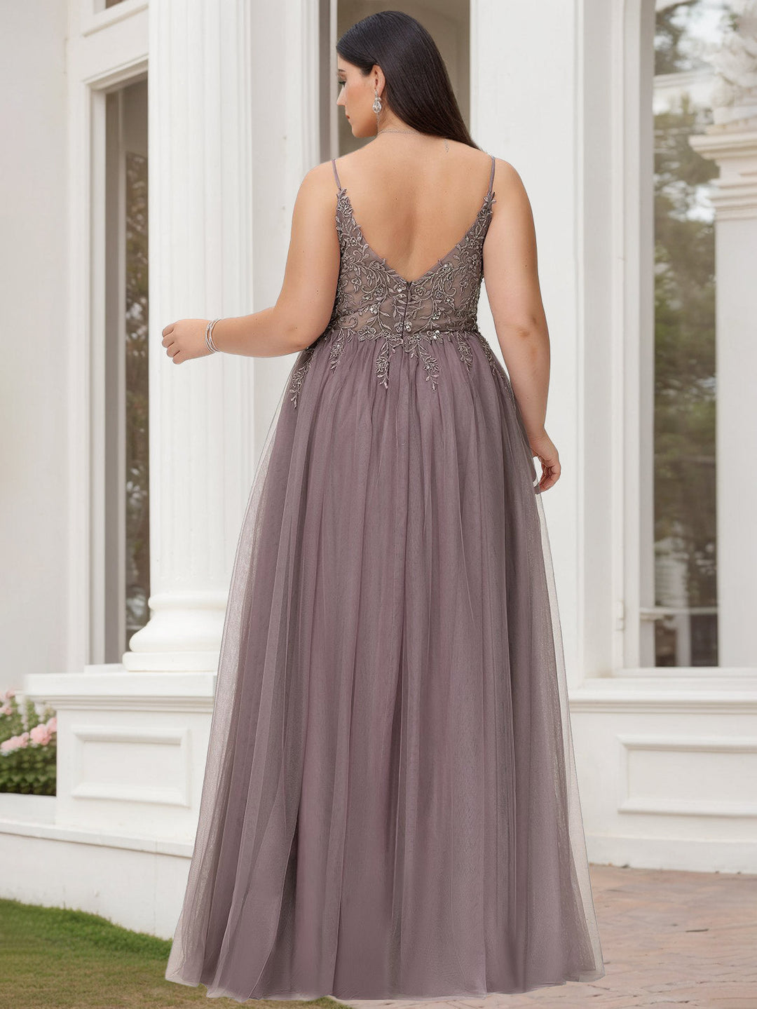 A-Line/Princess V-Neck Sleeveless Floor-Length Lace Tulle Plus Size Prom Dresses With Beads & Sequins
