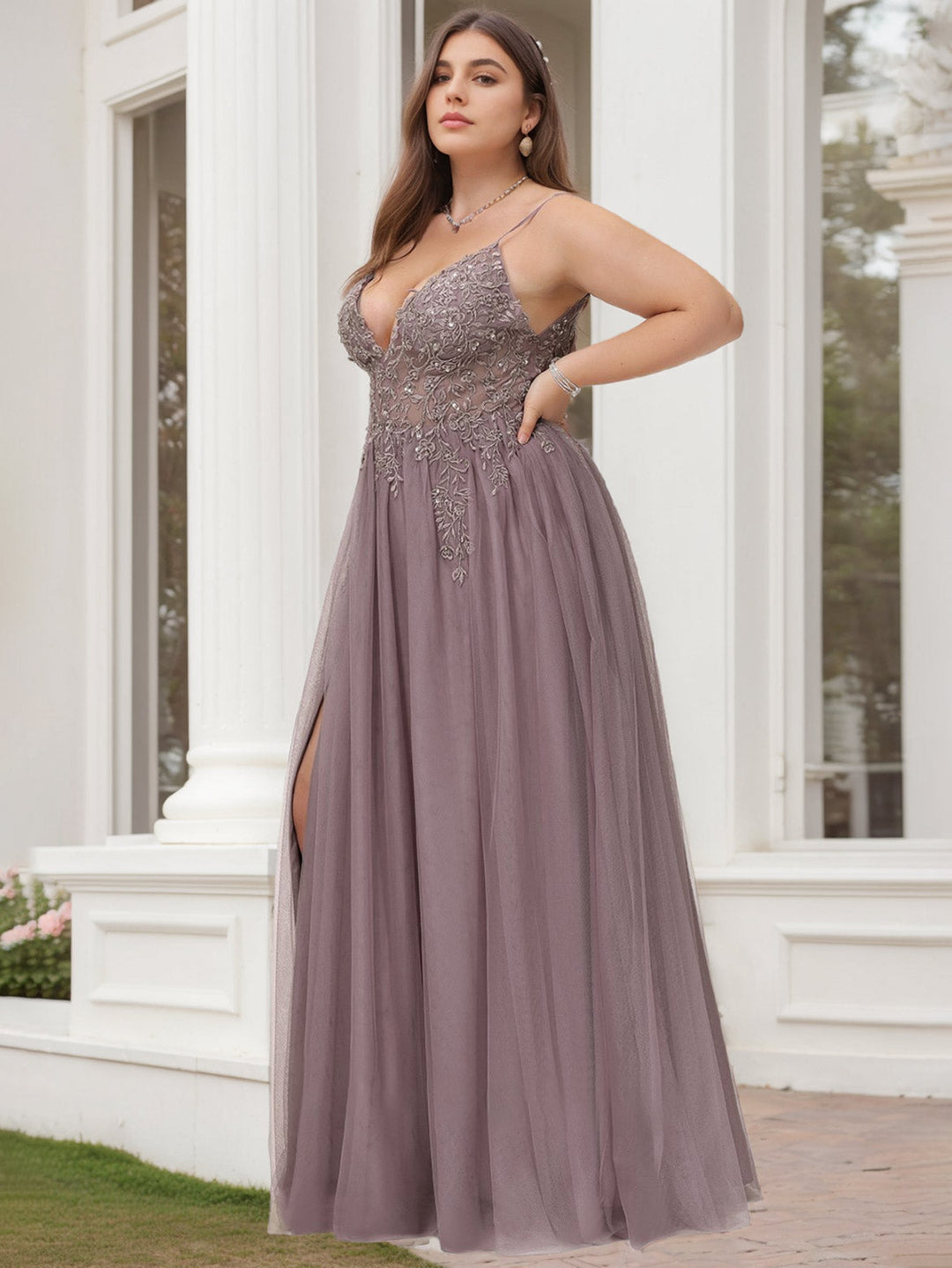 A-Line/Princess V-Neck Sleeveless Floor-Length Lace Tulle Plus Size Prom Dresses With Beads & Sequins