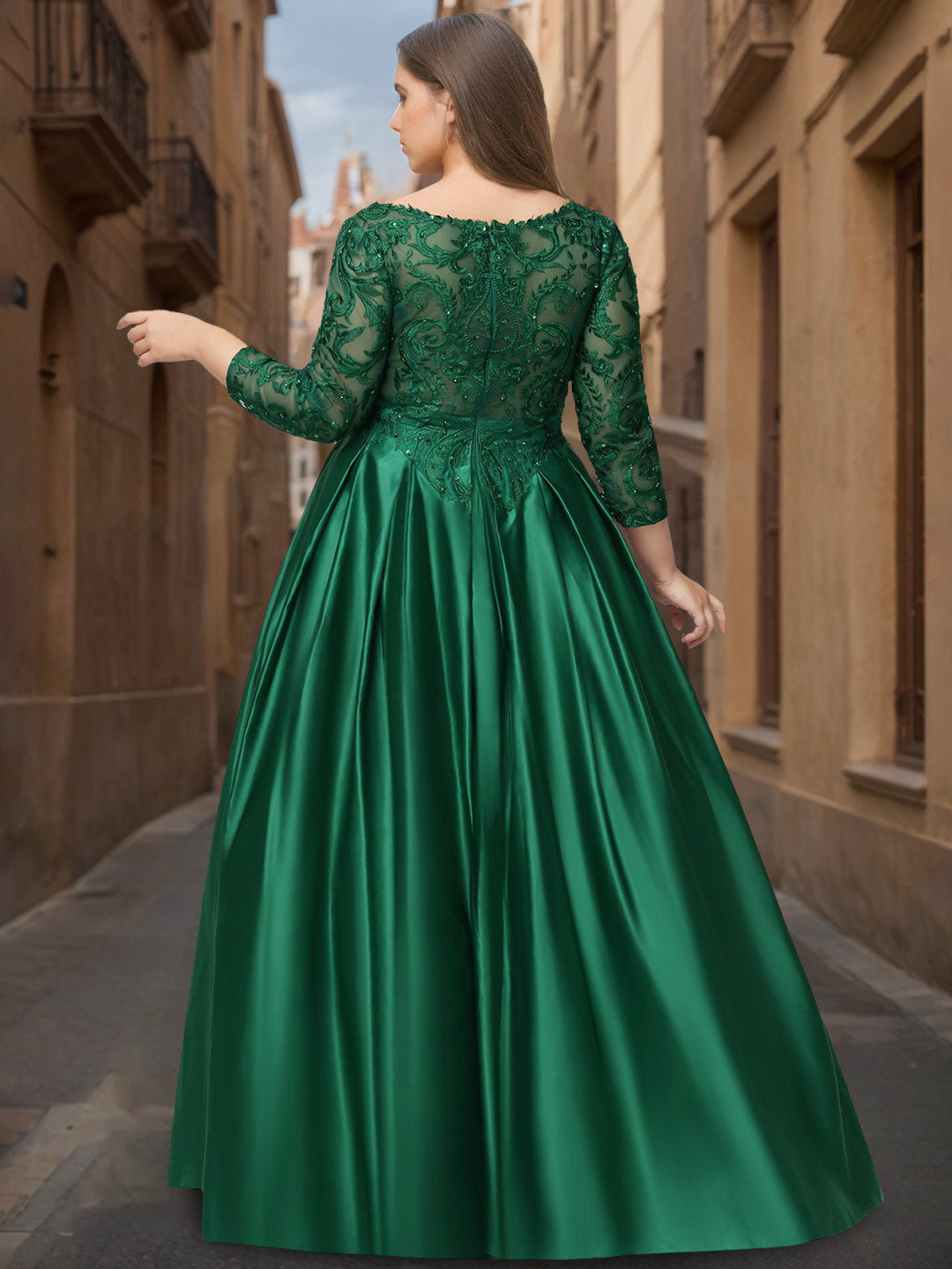 Ball Gown V-Neck Long Sleeves Floor-Length Satin Plus Size Prom Dresses with Sequins & Beads