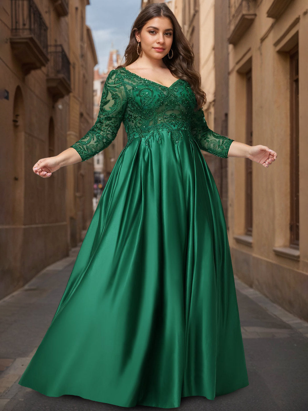 Ball Gown V-Neck Long Sleeves Floor-Length Satin Plus Size Prom Dresses with Sequins & Beads