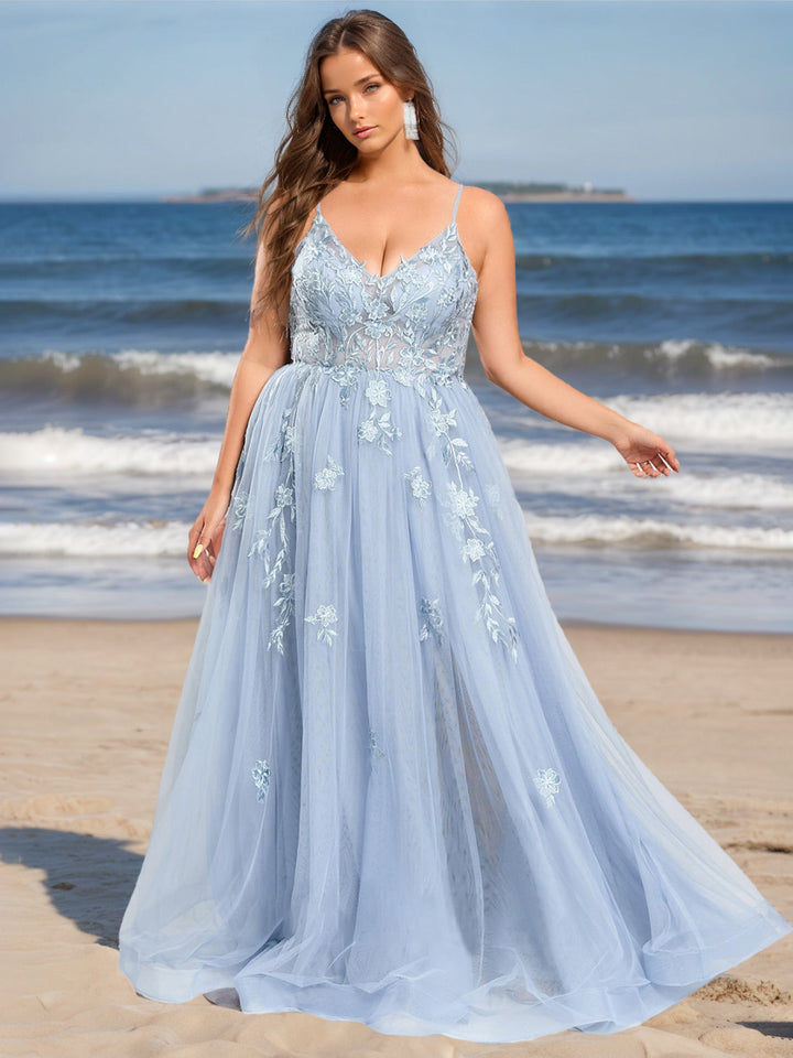 A-Line/Princess V-Neck Sleeveless Floor-Length Tulle Plus Size Prom Dresses With Appliques
