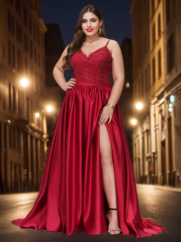 A-Line/Princess V-Neck Sleeveless Floor-Length Plus Size Prom Dresses With Appliques & Split Side