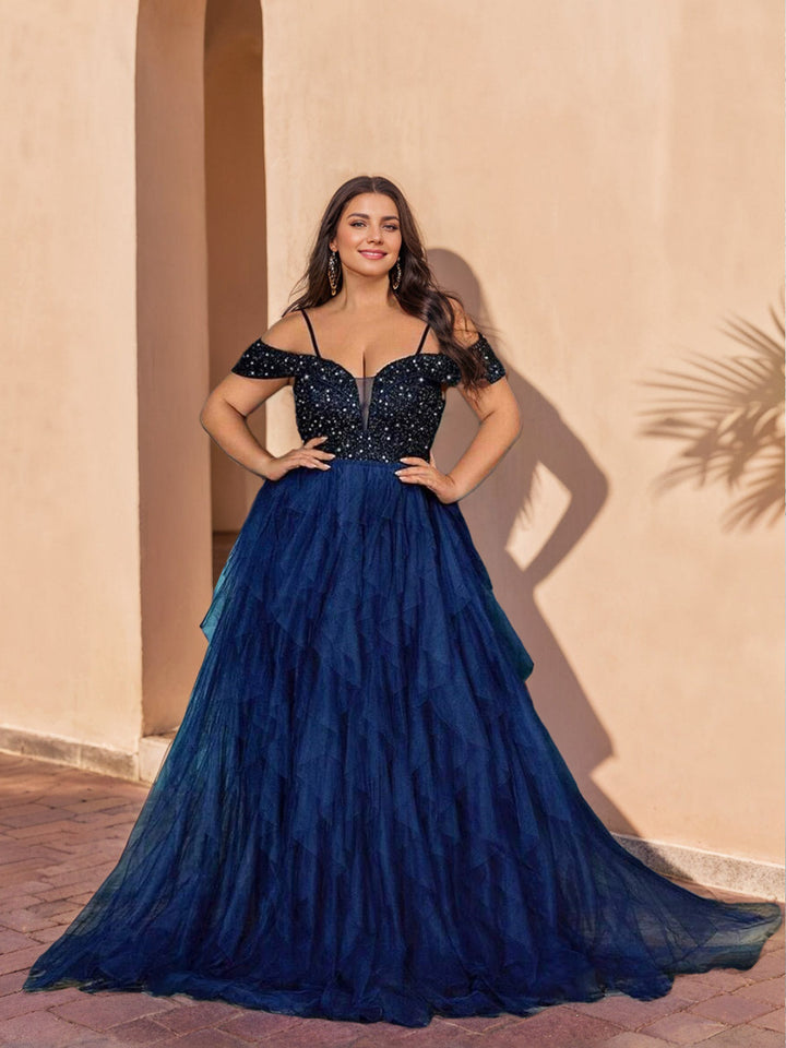 A-Line/Princess Off-the-Shoulder Floor-length Sequined Plus Size Prom Dresses