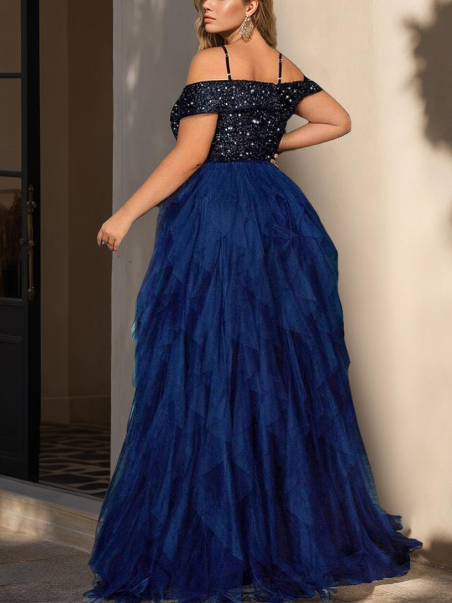 A-Line/Princess Off-the-Shoulder Floor-length Sequined Plus Size Prom Dresses